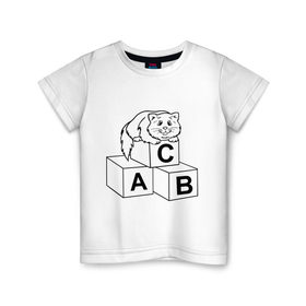 Детская футболка хлопок с принтом Кот на кубиках в Тюмени, 100% хлопок | круглый вырез горловины, полуприлегающий силуэт, длина до линии бедер | алфавит | киса | кот | котик | кубики