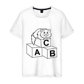 Мужская футболка хлопок с принтом Кот на кубиках в Тюмени, 100% хлопок | прямой крой, круглый вырез горловины, длина до линии бедер, слегка спущенное плечо. | алфавит | киса | кот | котик | кубики