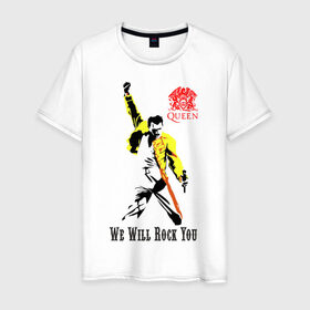 Мужская футболка хлопок с принтом Queen. We will rock you! в Тюмени, 100% хлопок | прямой крой, круглый вырез горловины, длина до линии бедер, слегка спущенное плечо. | Тематика изображения на принте: freddie | mercury | queen | меркури | меркьюри | фредди