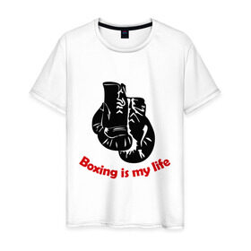 Мужская футболка хлопок с принтом BOXING is my life в Тюмени, 100% хлопок | прямой крой, круглый вырез горловины, длина до линии бедер, слегка спущенное плечо. | емельяненко