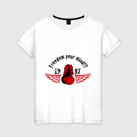 Женская футболка хлопок с принтом Freedom your mind в Тюмени, 100% хлопок | прямой крой, круглый вырез горловины, длина до линии бедер, слегка спущенное плечо | 