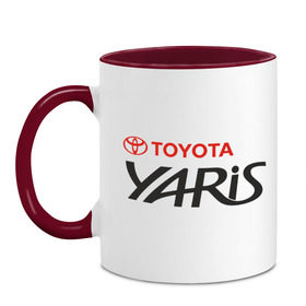 Кружка двухцветная с принтом Toyota Yaris в Тюмени, керамика | объем — 330 мл, диаметр — 80 мм. Цветная ручка и кайма сверху, в некоторых цветах — вся внутренняя часть | toyota | toyota yaris | авто | машина | тойота | тойота ярис