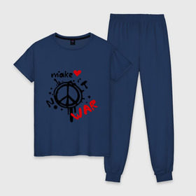 Женская пижама хлопок с принтом Peace Make love not war в Тюмени, 100% хлопок | брюки и футболка прямого кроя, без карманов, на брюках мягкая резинка на поясе и по низу штанин | хиппи