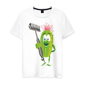 Мужская футболка хлопок с принтом Огурец в Тюмени, 100% хлопок | прямой крой, круглый вырез горловины, длина до линии бедер, слегка спущенное плечо. | дача | дачник | овощи | огурец | огурчик | садовод