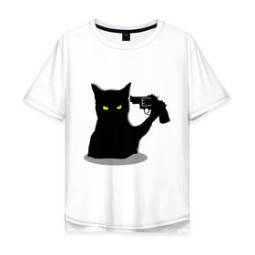 Мужская футболка хлопок Oversize с принтом Black Cat Shooter в Тюмени, 100% хлопок | свободный крой, круглый ворот, “спинка” длиннее передней части | кот | кошка | кошка с пистолетом | кошки | пистолет | револьвер | черная кошка