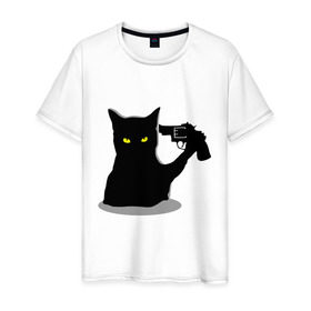 Мужская футболка хлопок с принтом Black Cat Shooter в Тюмени, 100% хлопок | прямой крой, круглый вырез горловины, длина до линии бедер, слегка спущенное плечо. | кот | кошка | кошка с пистолетом | кошки | пистолет | револьвер | черная кошка