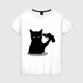 Женская футболка хлопок с принтом Black Cat Shooter в Тюмени, 100% хлопок | прямой крой, круглый вырез горловины, длина до линии бедер, слегка спущенное плечо | кот | кошка | кошка с пистолетом | кошки | пистолет | револьвер | черная кошка