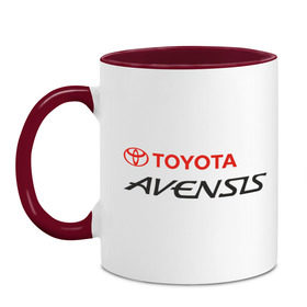 Кружка двухцветная с принтом Toyota Avensis в Тюмени, керамика | объем — 330 мл, диаметр — 80 мм. Цветная ручка и кайма сверху, в некоторых цветах — вся внутренняя часть | авто | автолюбителю | автомобиль | водитель | водителю | марка | машина | тачка | тойота
