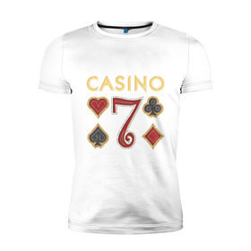 Мужская футболка премиум с принтом Casino в Тюмени, 92% хлопок, 8% лайкра | приталенный силуэт, круглый вырез ворота, длина до линии бедра, короткий рукав | 7 | casino | poker | азарт | игра | казино | карточная колода | карточные игры | карты | колода | масти | масть | покер | семь | ставки
