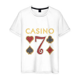 Мужская футболка хлопок с принтом Casino в Тюмени, 100% хлопок | прямой крой, круглый вырез горловины, длина до линии бедер, слегка спущенное плечо. | 7 | casino | poker | азарт | игра | казино | карточная колода | карточные игры | карты | колода | масти | масть | покер | семь | ставки
