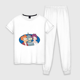 Женская пижама хлопок с принтом Футурама в Тюмени, 100% хлопок | брюки и футболка прямого кроя, без карманов, на брюках мягкая резинка на поясе и по низу штанин | bender | futurama | бендер | футурама