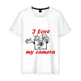 Мужская футболка хлопок с принтом I love my camera в Тюмени, 100% хлопок | прямой крой, круглый вырез горловины, длина до линии бедер, слегка спущенное плечо. | i love | i love my camera | фотоаппарат | фотограф | фотографировать | я люблю | я люблю свою камеру