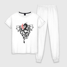 Женская пижама хлопок с принтом Дракон в Тюмени, 100% хлопок | брюки и футболка прямого кроя, без карманов, на брюках мягкая резинка на поясе и по низу штанин | татуировка