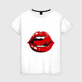 Женская футболка хлопок с принтом Губы и язык в Тюмени, 100% хлопок | прямой крой, круглый вырез горловины, длина до линии бедер, слегка спущенное плечо | 8 марта | губы | губы и язык | девушкам | женские губы | красная помада | красные губы | язык