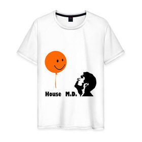 Мужская футболка хлопок с принтом Доктор Хаус и воздушный шарик в Тюмени, 100% хлопок | прямой крой, круглый вырез горловины, длина до линии бедер, слегка спущенное плечо. | Тематика изображения на принте: house | house md | все врут | доктор хауз | доктор хаус | хаус | хью лори