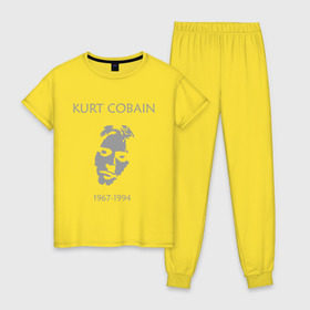 Женская пижама хлопок с принтом Kurt Cobain в Тюмени, 100% хлопок | брюки и футболка прямого кроя, без карманов, на брюках мягкая резинка на поясе и по низу штанин | kurt cobain | nirvana | кумиры | курт кобейн | легенды | нирвана | певцы | портреты