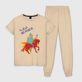 Женская пижама хлопок с принтом Бэндер - казак в Тюмени, 100% хлопок | брюки и футболка прямого кроя, без карманов, на брюках мягкая резинка на поясе и по низу штанин | bender | бендер | бэндер   казакfuturama | футурама