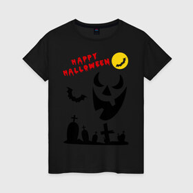 Женская футболка хлопок с принтом Happy Halloween в Тюмени, 100% хлопок | прямой крой, круглый вырез горловины, длина до линии бедер, слегка спущенное плечо | 31 октября | halloven | hallovin | halloween | hallowin | haloveen | haloven | halovin | haloween | halowen | helloween | hellowin | heloven | helowen | халлоуин | халлуин | халовин | халоуин | хелловин | хеллоуин | хеллу | хеллувин | хеловин | хелоуин | 