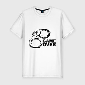 Мужская футболка премиум с принтом Game Over наручники в Тюмени, 92% хлопок, 8% лайкра | приталенный силуэт, круглый вырез ворота, длина до линии бедра, короткий рукав | game over | арест | арестовать | заключенный | игра окончена | милиция | наручники