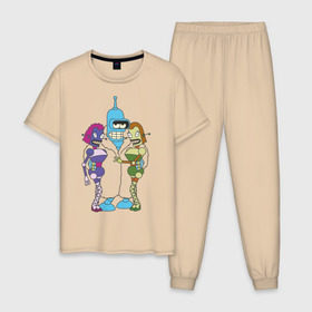 Мужская пижама хлопок с принтом Бендер с девочками в Тюмени, 100% хлопок | брюки и футболка прямого кроя, без карманов, на брюках мягкая резинка на поясе и по низу штанин
 | bender | futurama | бендер | футурама