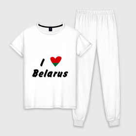 Женская пижама хлопок с принтом I love Belarus в Тюмени, 100% хлопок | брюки и футболка прямого кроя, без карманов, на брюках мягкая резинка на поясе и по низу штанин | Тематика изображения на принте: беларусы | беларусь | белоруссия | лукашенко | люблю | минск | флаг