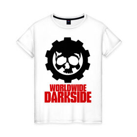 Женская футболка хлопок с принтом Worldwide Darkside в Тюмени, 100% хлопок | прямой крой, круглый вырез горловины, длина до линии бедер, слегка спущенное плечо | сторона | темная | череп | черепушка | шестеренка | электро | электронная