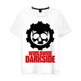 Мужская футболка хлопок с принтом Worldwide Darkside в Тюмени, 100% хлопок | прямой крой, круглый вырез горловины, длина до линии бедер, слегка спущенное плечо. | сторона | темная | череп | черепушка | шестеренка | электро | электронная