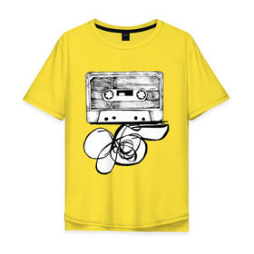 Мужская футболка хлопок Oversize с принтом Размотанная кассета в Тюмени, 100% хлопок | свободный крой, круглый ворот, “спинка” длиннее передней части | Тематика изображения на принте: аудиокассета | дека | касеста | компакт кассета | музыка | размотанная кассета