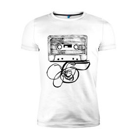 Мужская футболка премиум с принтом Размотанная кассета в Тюмени, 92% хлопок, 8% лайкра | приталенный силуэт, круглый вырез ворота, длина до линии бедра, короткий рукав | аудиокассета | дека | касеста | компакт кассета | музыка | размотанная кассета