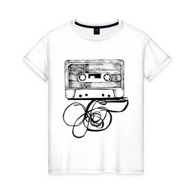 Женская футболка хлопок с принтом Размотанная кассета в Тюмени, 100% хлопок | прямой крой, круглый вырез горловины, длина до линии бедер, слегка спущенное плечо | аудиокассета | дека | касеста | компакт кассета | музыка | размотанная кассета