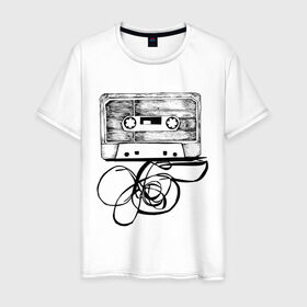 Мужская футболка хлопок с принтом Размотанная кассета в Тюмени, 100% хлопок | прямой крой, круглый вырез горловины, длина до линии бедер, слегка спущенное плечо. | Тематика изображения на принте: аудиокассета | дека | касеста | компакт кассета | музыка | размотанная кассета