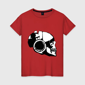 Женская футболка хлопок с принтом Череп в наушниках (3) в Тюмени, 100% хлопок | прямой крой, круглый вырез горловины, длина до линии бедер, слегка спущенное плечо | Тематика изображения на принте: скелет