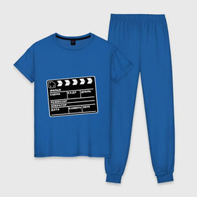 Женская пижама хлопок с принтом Кинохлопушка в Тюмени, 100% хлопок | брюки и футболка прямого кроя, без карманов, на брюках мягкая резинка на поясе и по низу штанин | камера | кино | мотор   экшенкинохлопушка | режиссер | съемки