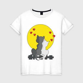 Женская футболка хлопок с принтом Влюбленные кисы в Тюмени, 100% хлопок | прямой крой, круглый вырез горловины, длина до линии бедер, слегка спущенное плечо | влюбленные коты | киса | кисы | коты | кошки | луна | любовь