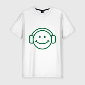 Мужская футболка премиум с принтом Смайл в наушниках в Тюмени, 92% хлопок, 8% лайкра | приталенный силуэт, круглый вырез ворота, длина до линии бедра, короткий рукав | Тематика изображения на принте: smile | наушники | смайл | смайлик | улыбка