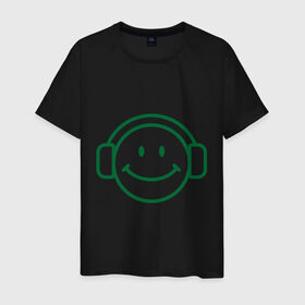 Мужская футболка хлопок с принтом Смайл в наушниках в Тюмени, 100% хлопок | прямой крой, круглый вырез горловины, длина до линии бедер, слегка спущенное плечо. | Тематика изображения на принте: smile | наушники | смайл | смайлик | улыбка