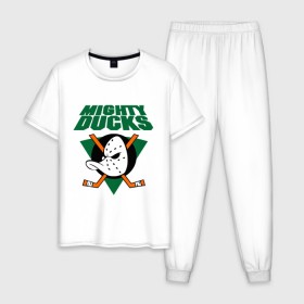 Мужская пижама хлопок с принтом Anaheim Mighty Ducks (2) в Тюмени, 100% хлопок | брюки и футболка прямого кроя, без карманов, на брюках мягкая резинка на поясе и по низу штанин
 | Тематика изображения на принте: nhl | лига | национальная лига | нхл | хокей | хоккей | хоккейная лига