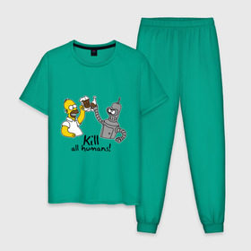 Мужская пижама хлопок с принтом Бендер пьет с Гомером в Тюмени, 100% хлопок | брюки и футболка прямого кроя, без карманов, на брюках мягкая резинка на поясе и по низу штанин
 | гомер