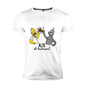 Мужская футболка премиум с принтом Бендер пьет с Гомером в Тюмени, 92% хлопок, 8% лайкра | приталенный силуэт, круглый вырез ворота, длина до линии бедра, короткий рукав | Тематика изображения на принте: гомер