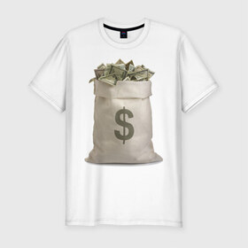Мужская футболка премиум с принтом Мешок денег в Тюмени, 92% хлопок, 8% лайкра | приталенный силуэт, круглый вырез ворота, длина до линии бедра, короткий рукав | dollars | бабло | баксы | валюта | деньги | доллары | мешок денег | много денег | работа | работать