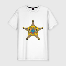 Мужская футболка премиум с принтом Шериф города в Тюмени, 92% хлопок, 8% лайкра | приталенный силуэт, круглый вырез ворота, длина до линии бедра, короткий рукав | sheriff | звезда шерифа | знак шерифа | коп | соp | шериф
