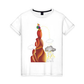 Женская футболка хлопок с принтом Турист писает в Тюмени, 100% хлопок | прямой крой, круглый вырез горловины, длина до линии бедер, слегка спущенное плечо | вершина | гора | дождь | писать | прикольные | турист. рисунок