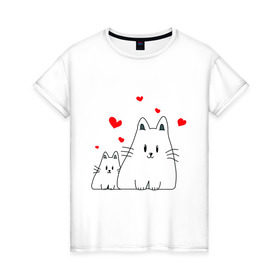 Женская футболка хлопок с принтом Кошачья любовь в Тюмени, 100% хлопок | прямой крой, круглый вырез горловины, длина до линии бедер, слегка спущенное плечо | коты | кошачья любовь | кошки | любовь | сердце | чувства