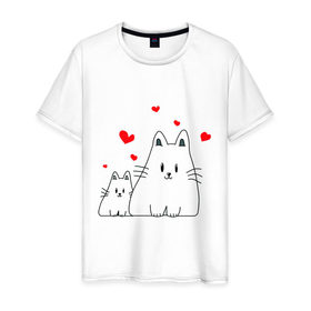 Мужская футболка хлопок с принтом Кошачья любовь в Тюмени, 100% хлопок | прямой крой, круглый вырез горловины, длина до линии бедер, слегка спущенное плечо. | коты | кошачья любовь | кошки | любовь | сердце | чувства