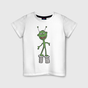 Детская футболка хлопок с принтом Инопланетянин на пружине в Тюмени, 100% хлопок | круглый вырез горловины, полуприлегающий силуэт, длина до линии бедер | Тематика изображения на принте: гуманоид | инопланетянин | космос | летающая тарелка | нло | пришелец | пришельцы | смешной пришелец | ходули