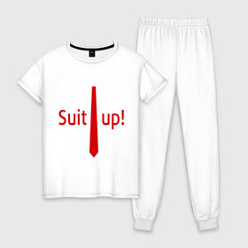 Женская пижама хлопок с принтом Suit Up. (Приоденься) в Тюмени, 100% хлопок | брюки и футболка прямого кроя, без карманов, на брюках мягкая резинка на поясе и по низу штанин | suit up | приоденься
