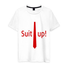 Мужская футболка хлопок с принтом Suit Up. (Приоденься) в Тюмени, 100% хлопок | прямой крой, круглый вырез горловины, длина до линии бедер, слегка спущенное плечо. | suit up | приоденься