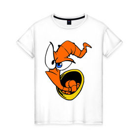 Женская футболка хлопок с принтом Червяк Джим (Earthworm jimm) в Тюмени, 100% хлопок | прямой крой, круглый вырез горловины, длина до линии бедер, слегка спущенное плечо | червяк джим. главный герой мультика 