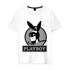 Мужская футболка хлопок с принтом Playboy (Человек-кролик) в Тюмени, 100% хлопок | прямой крой, круглый вырез горловины, длина до линии бедер, слегка спущенное плечо. | Тематика изображения на принте: кролик | плейбой | плэйбой | символа playboy человек кролик. rabbitman.playboy