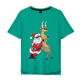 Мужская футболка хлопок Oversize с принтом Крутой Мороз и Олень в Тюмени, 100% хлопок | свободный крой, круглый ворот, “спинка” длиннее передней части | new year | дед мороз | мороз | нг | олень | санта | санта клаус